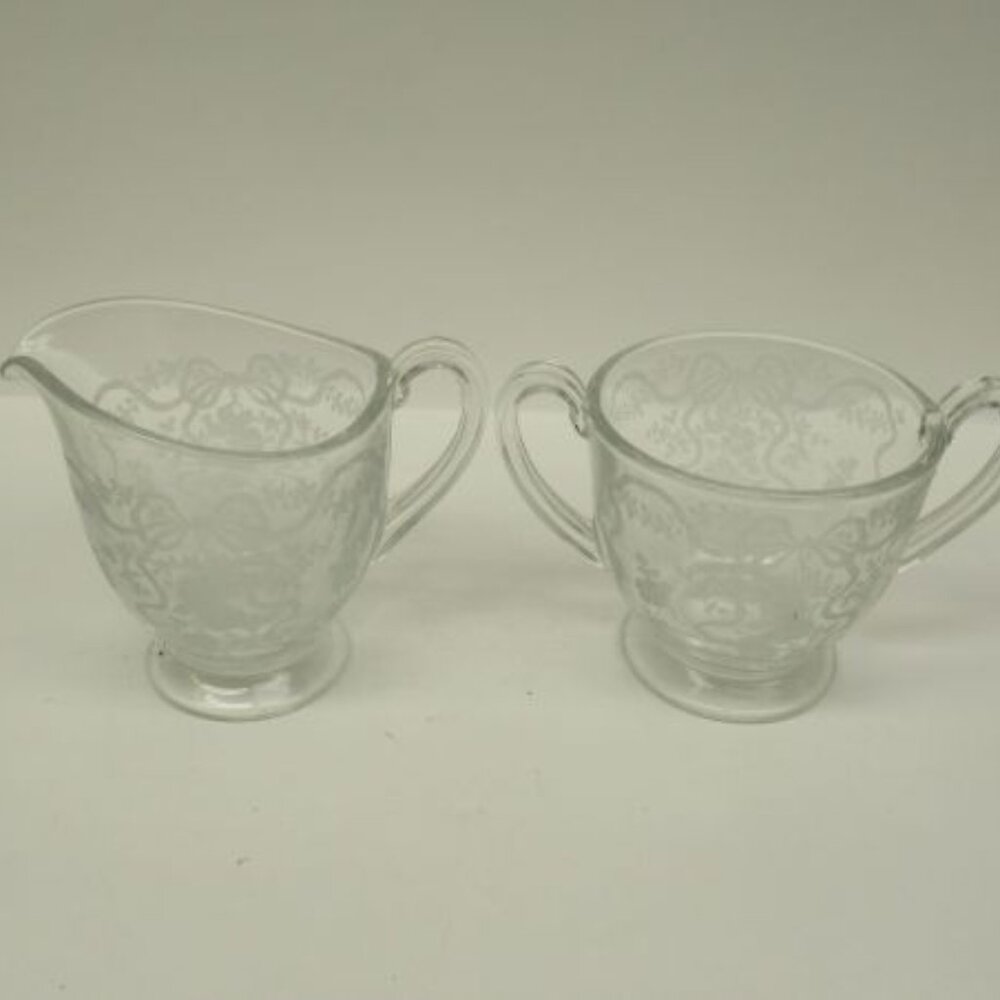 Fostoria Elegant Glass Crystal ROMANCE Handled Creamer and Sugar Bowl